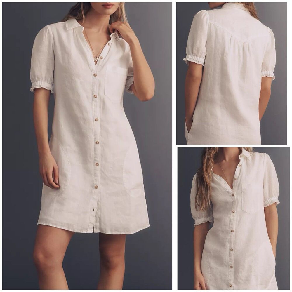 Anthropologie Pilcro Aly Linen Mini Shirtdress S White Puff Sleeve Pocket Resort